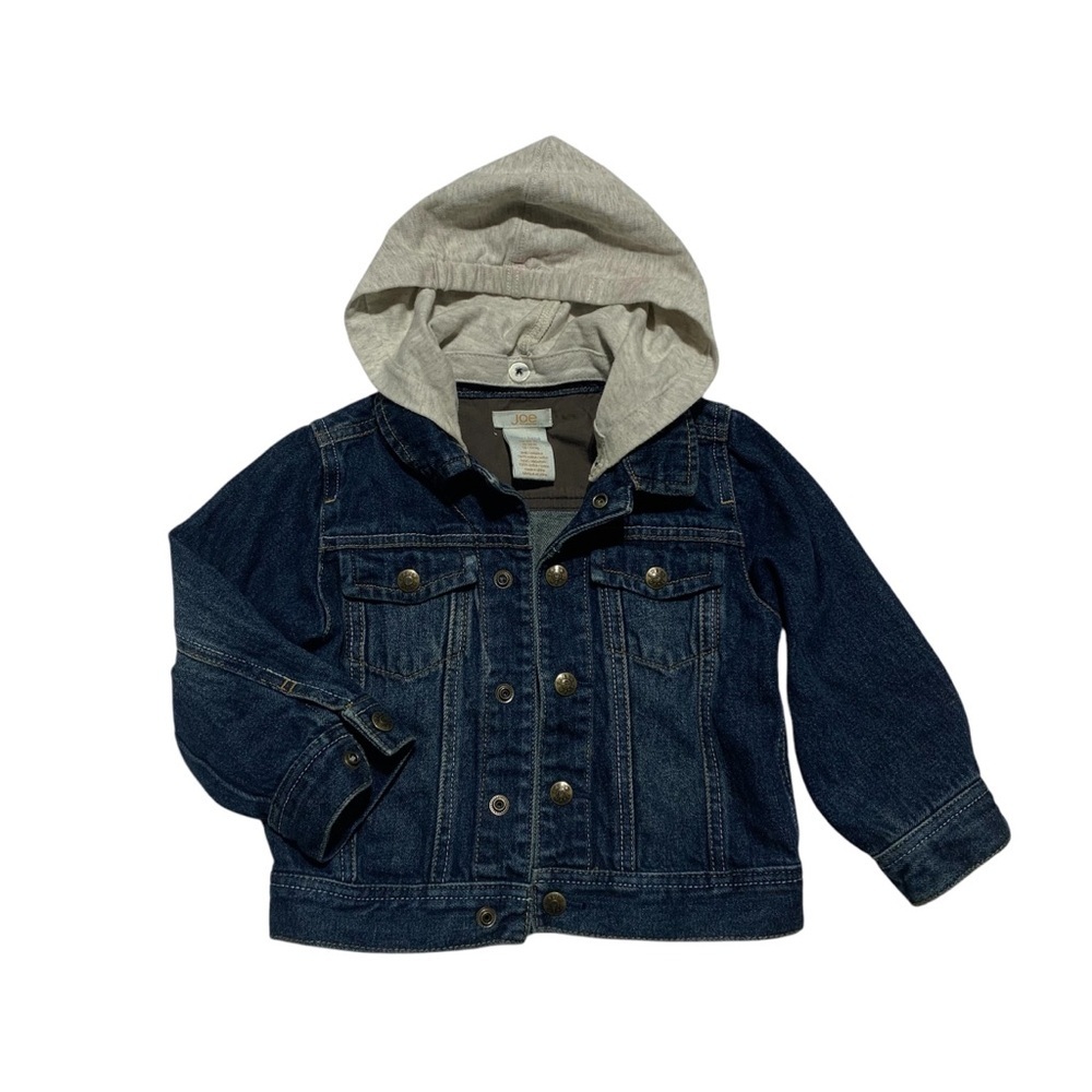Joe Fresh Blue Jean Jacket with Gray Hood and Contrasting Stitching